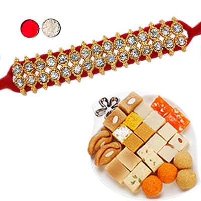 "Two Line Stone Studded Rakhi - SR-9100A (Single Rakhi), 500gms of Assorted Sweets - Click here to View more details about this Product